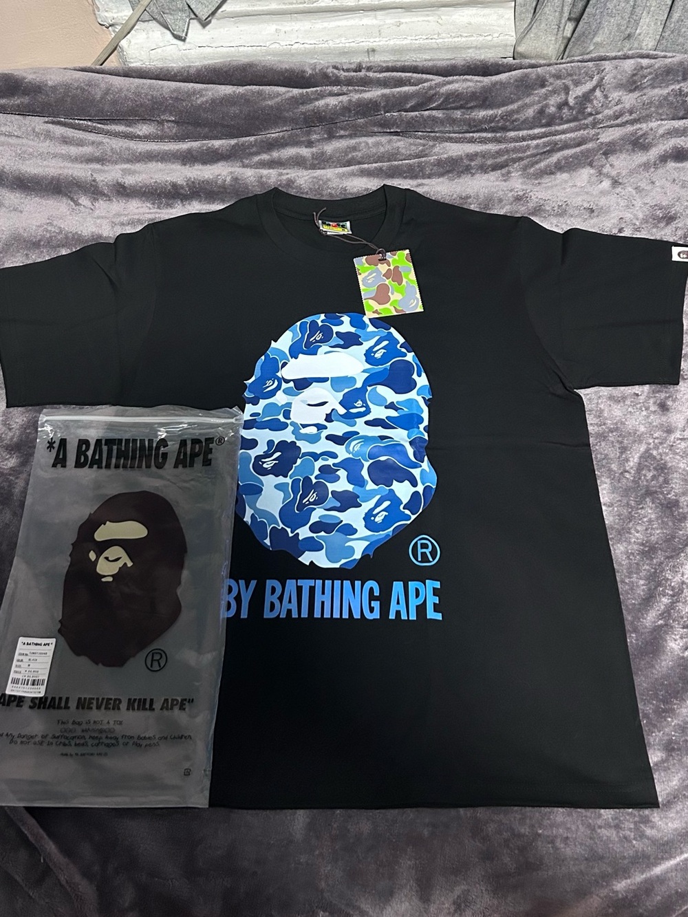 Bape Black Tee with Blue Camo Ape Head Graphic